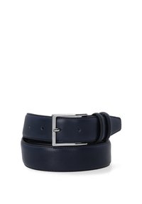 Marineblauer Ledergürtel mit glatter Oberfläche, ausgestattet mit einer silbernen Metallschnalle und mehreren Anpassungslöchern. Klassisches Design für vielseitigen Einsatz.