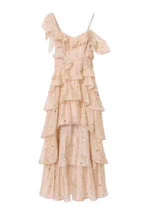 Hellrosa geblümtes Kleid mit mehreren Lagen Rüschen, dünnen Trägern und asymmetrischem schulterfreiem Design.