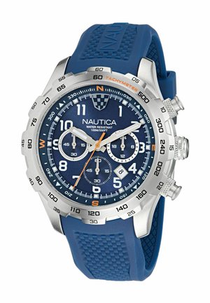 Zegarek Nautica z chronografem, kopertą ze stali nierdzewnej, niebieskim gumowym paskiem, granatową tarczą, białymi oznaczeniami, tachymetrem i pomarańczowymi akcentami.