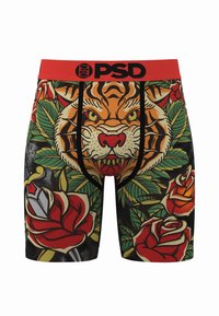 Bokserki z grafiką tygrysa i czerwonymi różami na czarnym tle. Elastyczny materiał z czerwonym paskiem w pasie, na którym znajduje się napis "PSD" w czerni.
