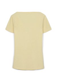 Maglietta a maniche corte di colore giallo chiaro, realizzata in tessuto morbido, con scollatura rotonda e vestibilità comoda, caratterizzata da un design semplice senza motivi o dettagli.