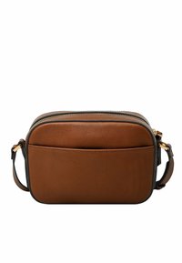 Sac bandoulière en cuir marron de forme rectangulaire, fermeture éclair et poche extérieure. Présente des finitions noires et une bandoulière amovible.