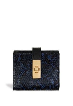 Black and blue textured snake-patterned wallet with a smooth black leather flap, featuring a gold-tone clasp closure. Compact rectangular shape.
