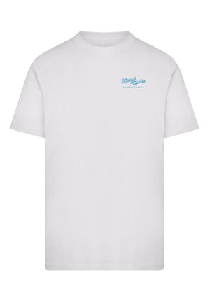 Vit bomull t-shirt med korta ärmar. Har en blå grafisk text som läser "Lemon Spritz Amalfi Classics" på övre vänstra bröstområdet.