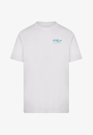 Witte katoenen t-shirt met korte mouwen. Beschikt over een blauwe grafische tekst met de tekst "Lemon Spritz Amalfi Classics" op de bovenste linkerkant van de borst.