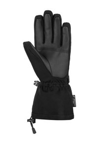 Schwarze Handschuhe aus Leder und Stoff, mit einem Fünf-Finger-Design, elastischem Handgelenk und einem Zugband für eine sichere Passform.