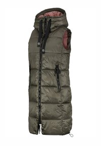 Doudoune longue sans manches matelassée vert olive avec grande capuche, fermeture éclair frontale, poches zippées noires et cordons noirs.