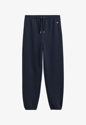 Navyblaue Sweatpants aus weichem Material, ausgestattet mit einem elastischen Bund mit Kordelzug, Bündchen an den Knöcheln und einem kleinen Logo-Accente.