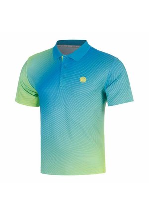 Korte-mouwen poloshirt met een blauwe naar groene verloopkleur en subtiele golvende lijnen, voorzien van een klein geel rond logo op de borst.