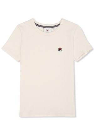 Roomkleurig T-shirt met korte mouwen en een ronde hals, met een klein geborduurd logo in rood, marineblauw en wit op de linkerborst.