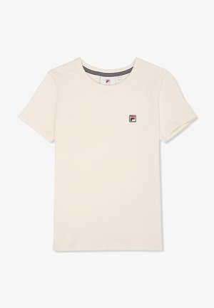 Kremowy, krótkorękawowy t-shirt z okrągłym dekoltem, z małym, haftowanym logo w kolorach czerwonym, granatowym i białym na lewej piersi.