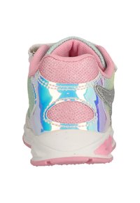 Colorful sneakers with a shiny, iridescent heel, pink mesh, and silver accents. Features padded tongue and cushioned sole.