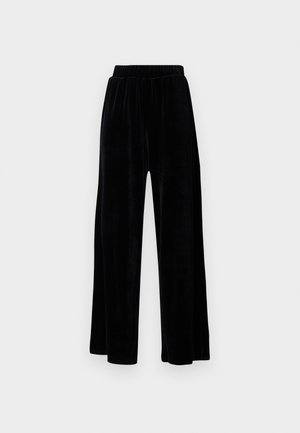 Pantaloni negri cu picioare largi, din catifea moale, prevăzuți cu un corset elastic și o textură fină, fără detalii sau modele vizibile.