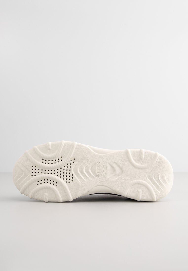 Weiße strukturierte Gummisohle mit gemusterten Profilen und Belüftungsöffnungen, beschriftet mit "Geox Italienisches Patent."