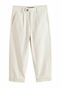 Világosbézs, sima tapintású szövetből készült nadrág, gombos lezárással, redőkkel és felhajtott szegéllyel.