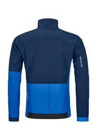 Wandernjacke in Marineblau und Himmelblau, mit hohem Kragen, langen Ärmeln und einem schwarzen unteren Saum. Aus leichtem, dehnbarem Material gefertigt.