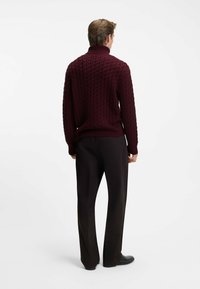 Bordeauxrode gebreide turtlenecktruien met een verhoogd patroon, geribde boorden en onderkant, gecombineerd met zwarte broeken en schoenen. Gezien vanaf de achterkant.