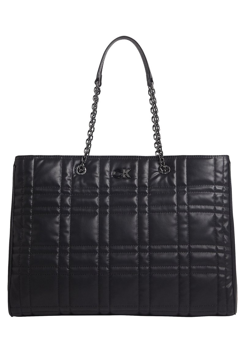 Black quilted leather tote bag with chain handles, featuring a sleek rectangular shape and embossed logo on the front.