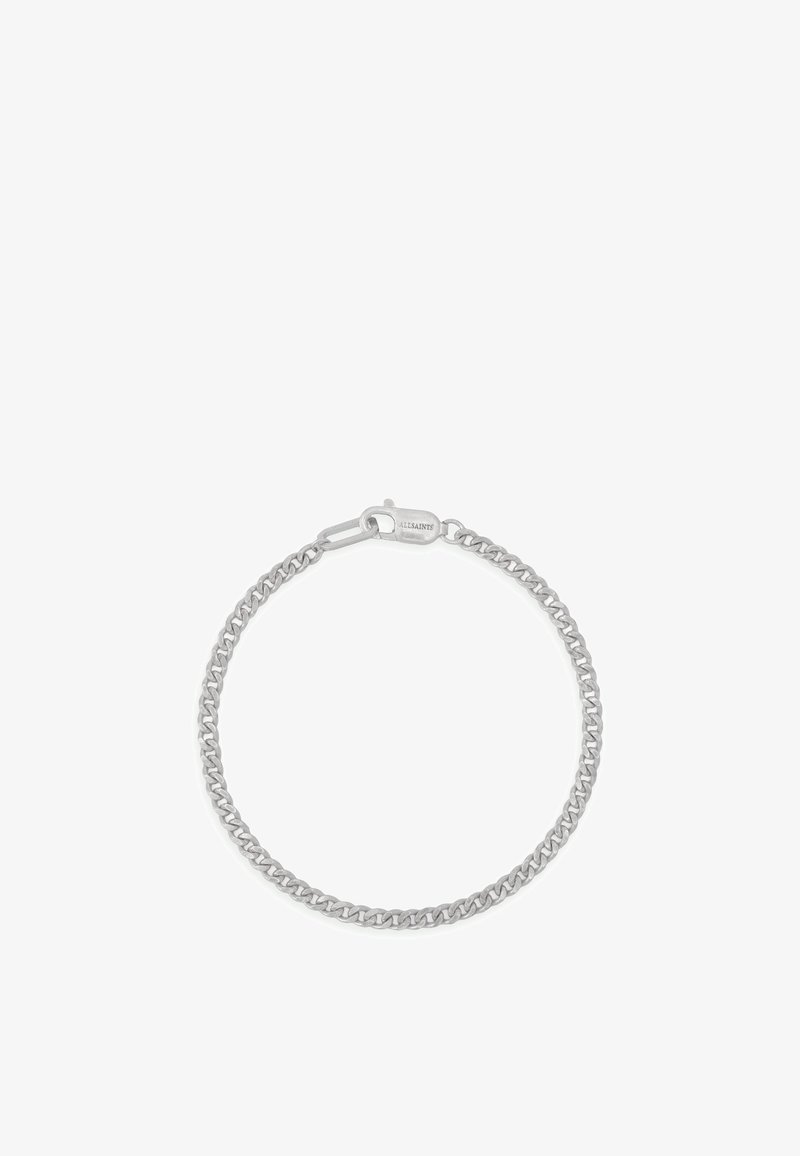 Bracelet en chaîne argentée avec des maillons entrelacés, finition poli et fermoir sécurisé. Design simple sans embellissements supplémentaires.