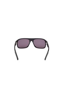 Black rectangular sunglasses with dark purple lenses and glossy plastic frame. Features metal accents at the hinges and straight black arms.