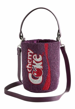Purple beaded bucket bag with top handle and long strap, featuring red and white "cherry coke" text and design on the front.