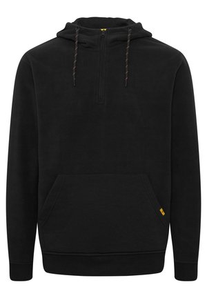 Mustaharma fleece-pullover huppari, jossa on neljänneksenvetoketju, etupuolen kenguru-tasku ja säädettävä nyöri-hattu. Sisältää kontrastiväriset nyörit.