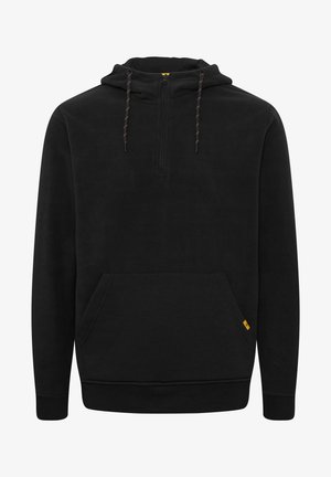 Mustaharma fleece-pullover huppari, jossa on neljänneksenvetoketju, etupuolen kenguru-tasku ja säädettävä nyöri-hattu. Sisältää kontrastiväriset nyörit.