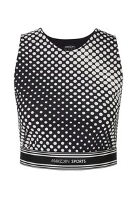 Black and white polka dot cropped sports top with a round neckline and a black striped band at the hem featuring the "Marc Cain Sports" logo.