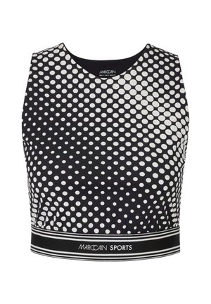 Black and white polka dot cropped sports top with a round neckline and a black striped band at the hem featuring the "Marc Cain Sports" logo.