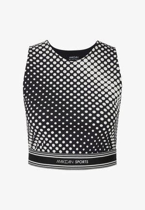 Black and white polka dot cropped sports top with a round neckline and a black striped band at the hem featuring the "Marc Cain Sports" logo.