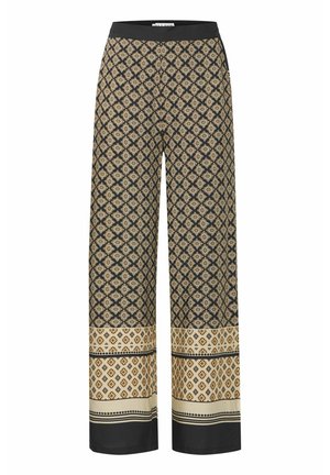 Pantalons larges noirs avec un motif géométrique doré et crème. Taille élastique avec un tissu texturé contrastant à l'ourlet et au bas.