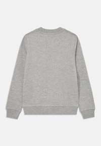 Sudadera de cuello redondo de manga larga en gris claro, con puños y dobladillo acanalados, vista desde la parte de atrás sobre un fondo blanco.
