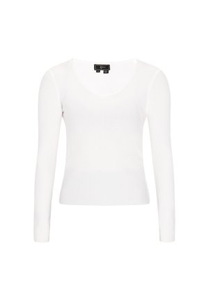 Hvid langærmet bluse lavet af ribbet strikstof, med en rund halsudskæring og en tætsiddende silhuet. Ingen markante mønstre eller detaljer.