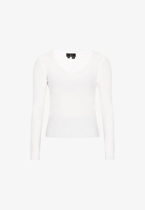 Hvid langærmet bluse lavet af ribbet strikstof, med en rund halsudskæring og en tætsiddende silhuet. Ingen markante mønstre eller detaljer.