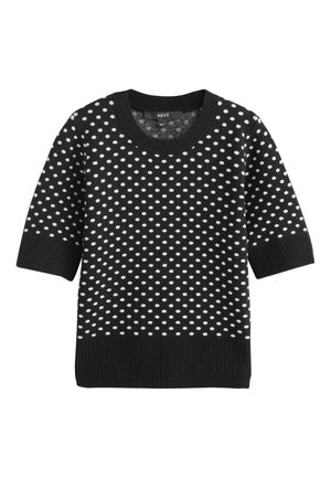 Schwarzer kurzärmeliger Strickpullover mit weißen Polka-Dots, gerippten Bündchen und Saum und rundem Ausschnitt.