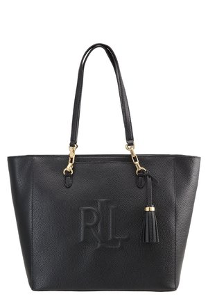 Czarna torba typu tote z teksturowanej skóry, z dwoma uchwytami, złotym okuciem, tłoczonym logo "RLL" oraz czarnym chwostem z złotym pierścieniem.