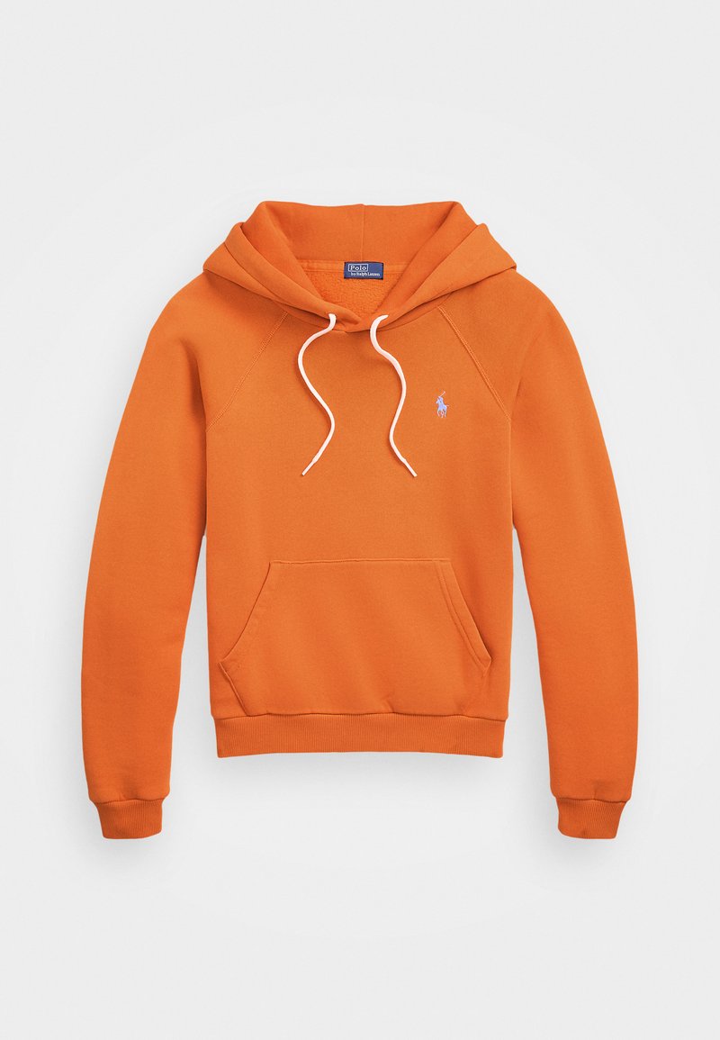 Πορτοκαλί φούτερ με καγκουρό τσέπη, κουκούλα με κορδόνι, ριμπ μανσέτες και στρίφωμα, με ένα μικρό μπλε λογότυπο στο στήθος. Υλικό από μίγμα βαμβακιού.