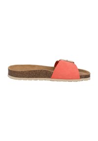 Sandalo scivoloso con suola in sughero e tomaia in suede corallo, dotato di una fascia ampia e un dettaglio di fibbia tono oro, design leggero e informale.