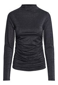 Svart långärmad topp med hög krage, tillverkad av glittrande tyg. Har en figurnära design med samlade detaljer längs sidorna.