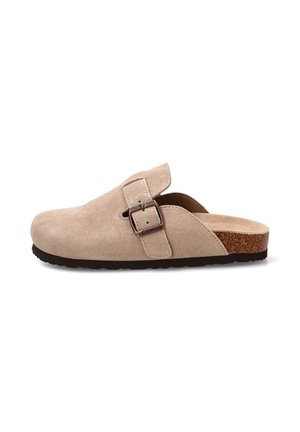 Zueco beige de ante con tira ajustable con hebilla y suela de corcho, mostrado de lado sobre fondo blanco.