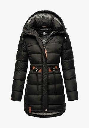 Schwarze gepolsterte Jacke mit einem mit Fell gefütterten Kapuze, Zugbändern, braunen Lederakzenten und zwei vorderen Taschen mit Reißverschlüssen.