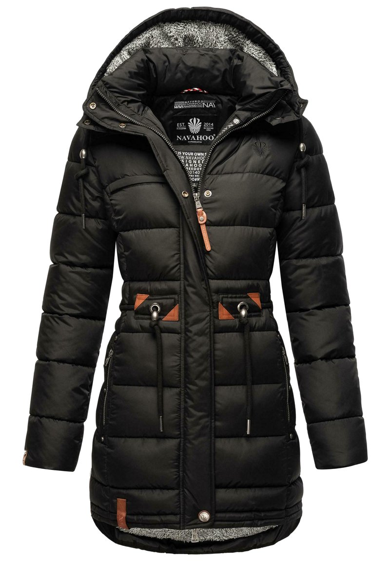 Black padded jacket featuring a fur-lined hood, toggle drawstrings, brown leather accents, and two front pockets with zippers.