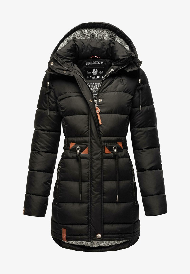 Black padded jacket featuring a fur-lined hood, toggle drawstrings, brown leather accents, and two front pockets with zippers.