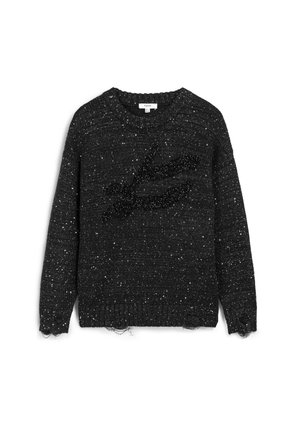 Zwart gebreid sweater met een gestructureerd oppervlak, voorzien van verspreide zilveren deeltjes en een opvallend, gestructureerd zwart logo-detail.
