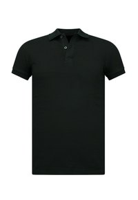 Zwarte polo gemaakt van zacht katoen met korte mouwen, een twee-knopenlijst en een klassiek kraagontwerp.