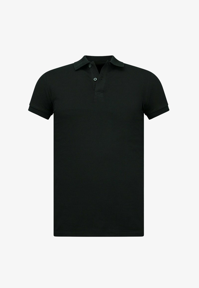 Zwarte polo gemaakt van zacht katoen met korte mouwen, een twee-knopenlijst en een klassiek kraagontwerp.