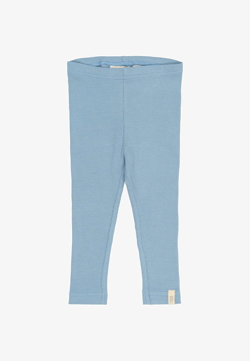 Leggings ribbelate de culoare albastru deschis cu un design ajustat, talie elastică și un eticheta mică pe hemul din stânga jos. Textură netedă pe toată suprafața.