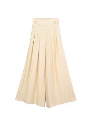 Pantaloni beige a gamba larga con vita elastica, dotati di pieghe frontali e una texture liscia, adatti per un look casual.