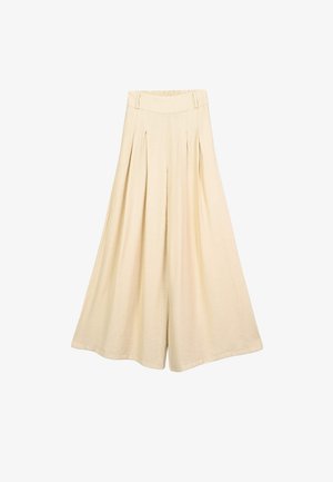 Beige weite Hose mit elastischem Bund, ausgestattet mit Vorderfalten und einer glatten Textur, geeignet für legere Anlässe.