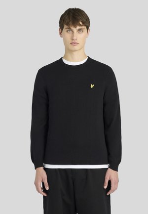 Jeune homme aux cheveux courts et bruns portant un pull noir à manches longues sur une chemise blanche et un pantalon noir, debout devant un fond uni.